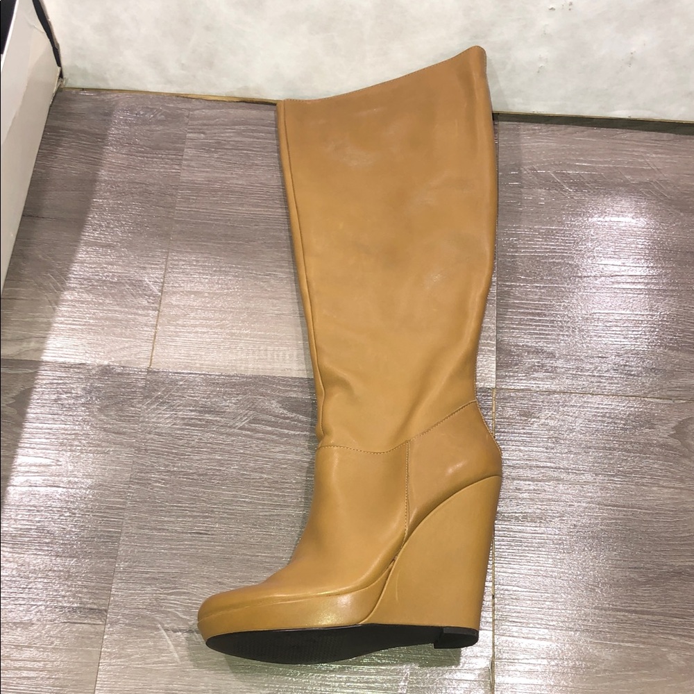 Trouve Camel Wedge Leather rear Zip Knee-High Boots NWOB New